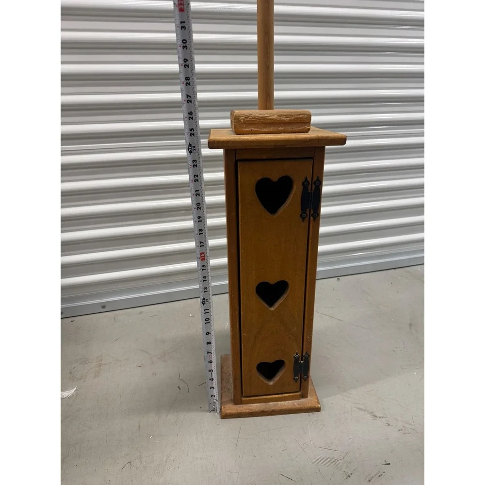 Vintage Rustic Wood Toilet Paper Holder Heart Cutouts Farmhouse Storage Cabinet